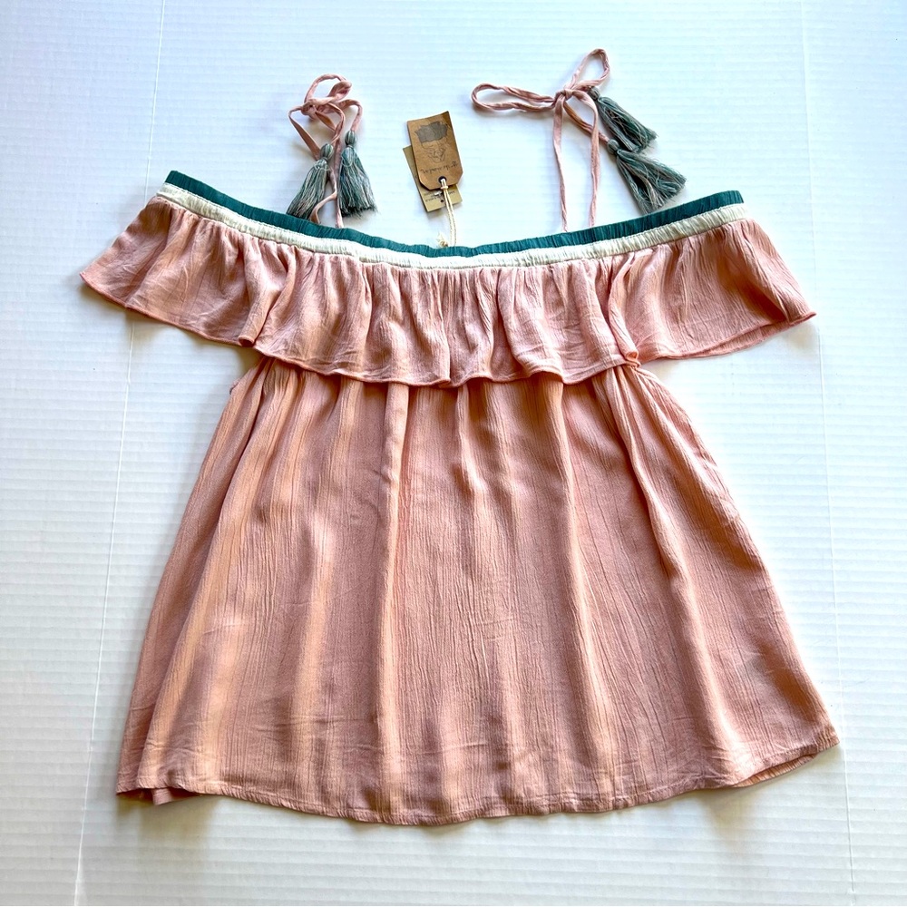 American Eagle Top Small Off The Shoulder Ruffled Pink Green Short Sleeve NWT